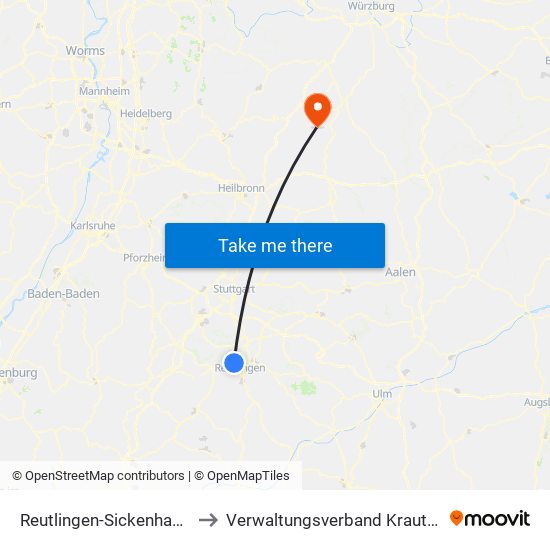 Reutlingen-Sickenhausen to Verwaltungsverband Krautheim map