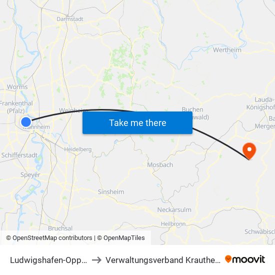 Ludwigshafen-Oppau to Verwaltungsverband Krautheim map