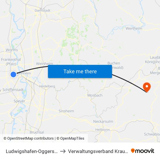 Ludwigshafen-Oggersheim to Verwaltungsverband Krautheim map