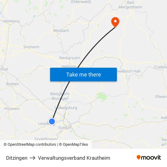 Ditzingen to Verwaltungsverband Krautheim map