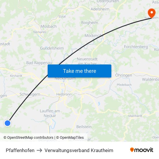 Pfaffenhofen to Verwaltungsverband Krautheim map