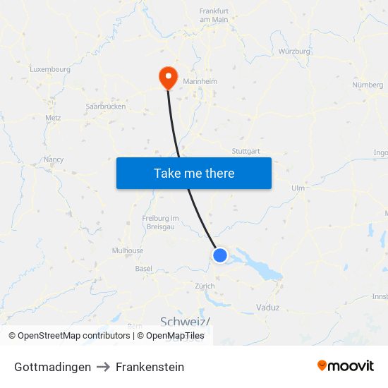 Gottmadingen to Frankenstein map