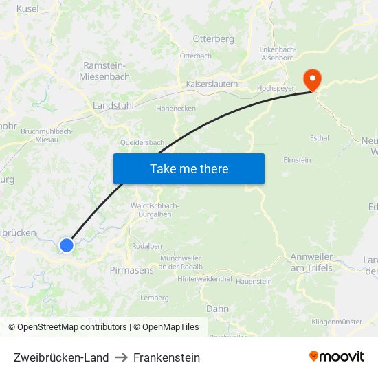 Zweibrücken-Land to Frankenstein map