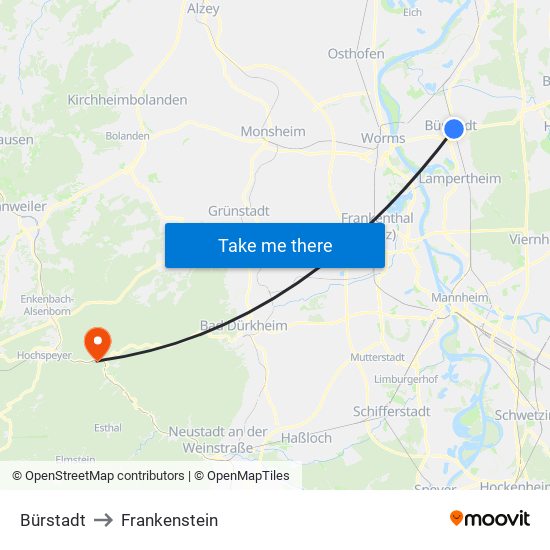 Bürstadt to Frankenstein map