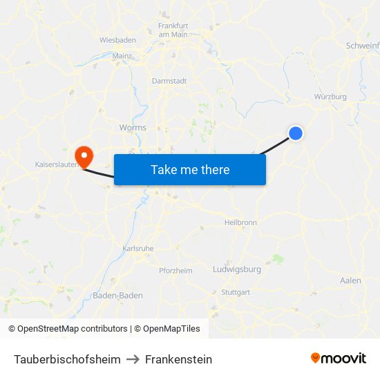 Tauberbischofsheim to Frankenstein map