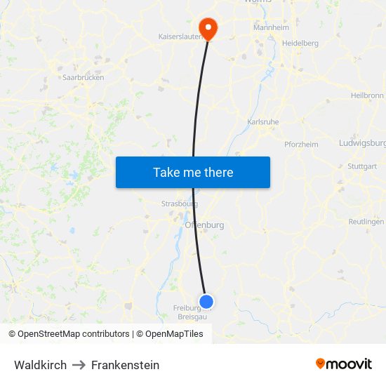 Waldkirch to Frankenstein map