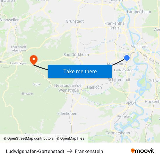 Ludwigshafen-Gartenstadt to Frankenstein map