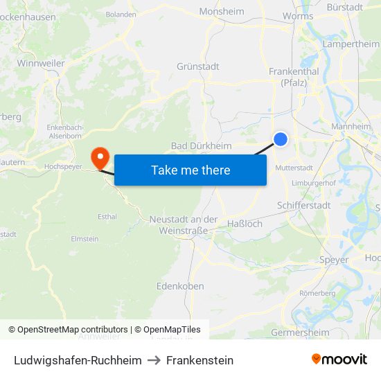 Ludwigshafen-Ruchheim to Frankenstein map