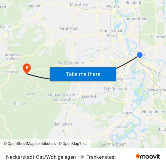 Neckarstadt-Ost/Wohlgelegen to Frankenstein map