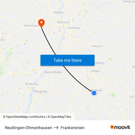 Reutlingen-Ohmenhausen to Frankenstein map