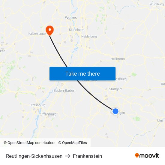 Reutlingen-Sickenhausen to Frankenstein map
