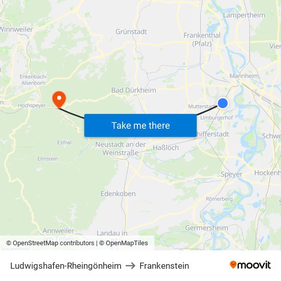 Ludwigshafen-Rheingönheim to Frankenstein map