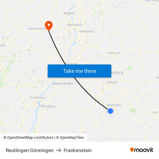 Reutlingen-Gönningen to Frankenstein map