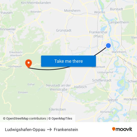 Ludwigshafen-Oppau to Frankenstein map