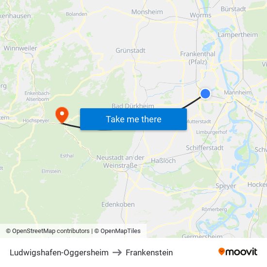 Ludwigshafen-Oggersheim to Frankenstein map