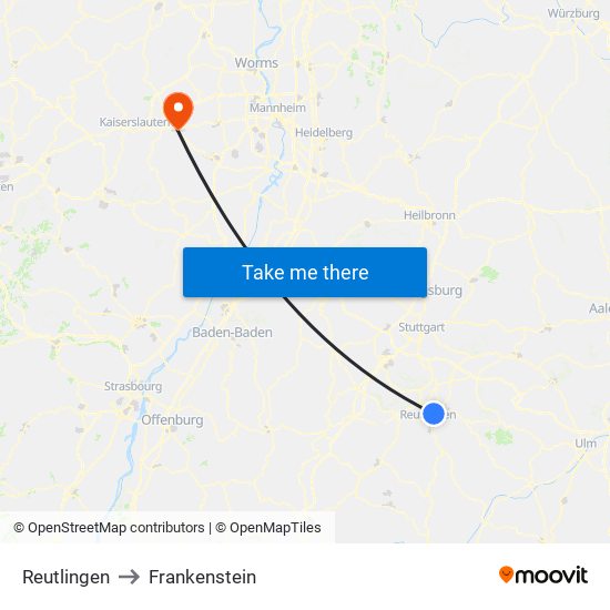 Reutlingen to Frankenstein map