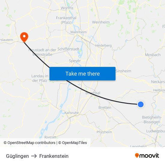 Güglingen to Frankenstein map