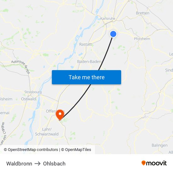Waldbronn to Ohlsbach map