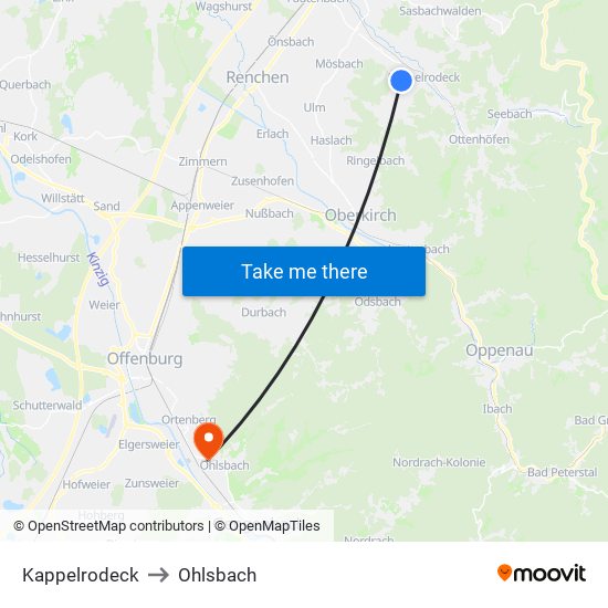 Kappelrodeck to Ohlsbach map