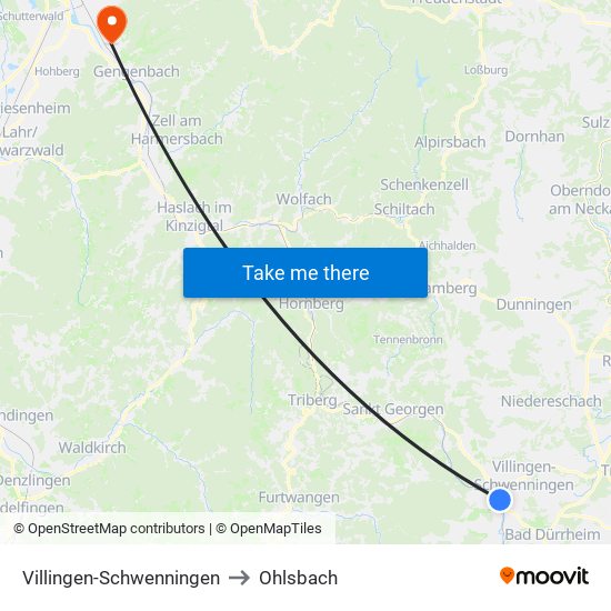 Villingen-Schwenningen to Ohlsbach map