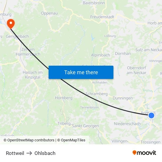 Rottweil to Ohlsbach map