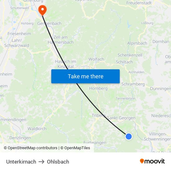 Unterkirnach to Ohlsbach map