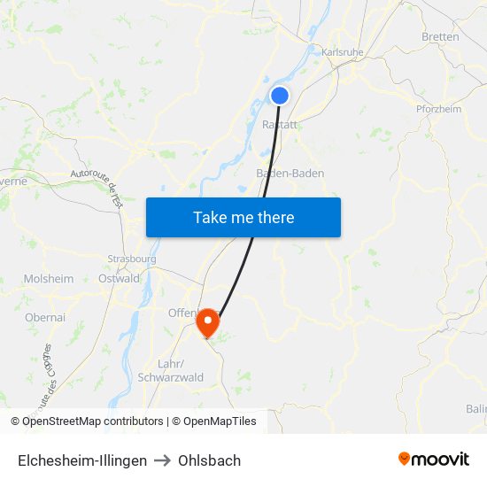 Elchesheim-Illingen to Ohlsbach map