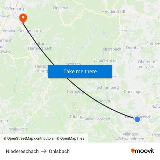 Niedereschach to Ohlsbach map