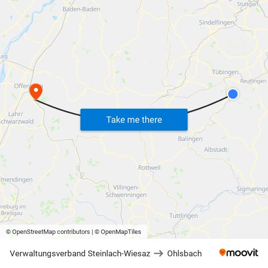 Verwaltungsverband Steinlach-Wiesaz to Ohlsbach map