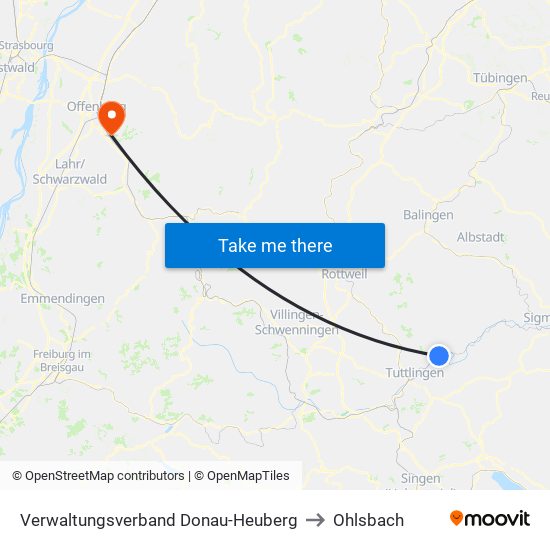 Verwaltungsverband Donau-Heuberg to Ohlsbach map