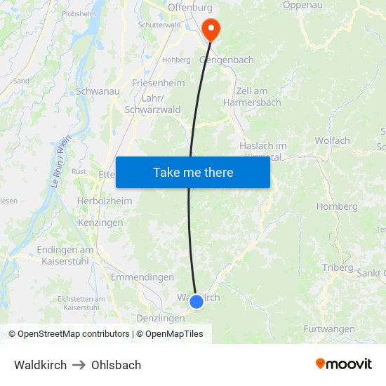 Waldkirch to Ohlsbach map