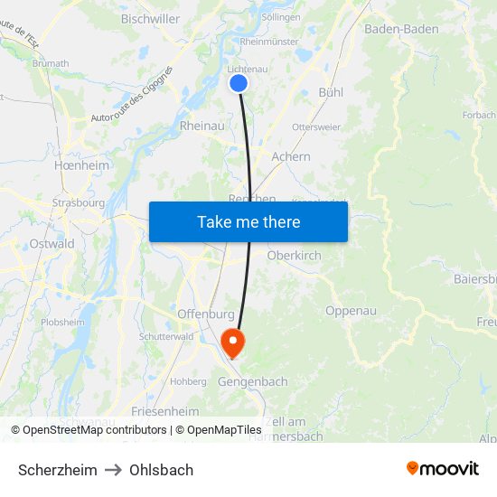 Scherzheim to Ohlsbach map