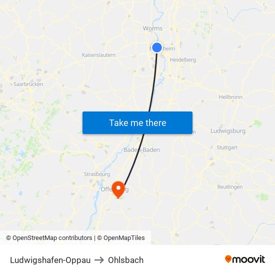 Ludwigshafen-Oppau to Ohlsbach map