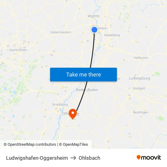 Ludwigshafen-Oggersheim to Ohlsbach map