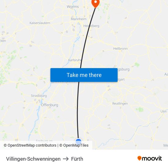 Villingen-Schwenningen to Fürth map