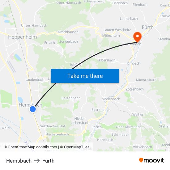 Hemsbach to Fürth map