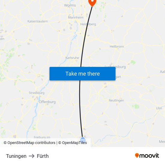 Tuningen to Fürth map