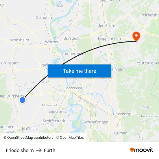 Friedelsheim to Fürth map
