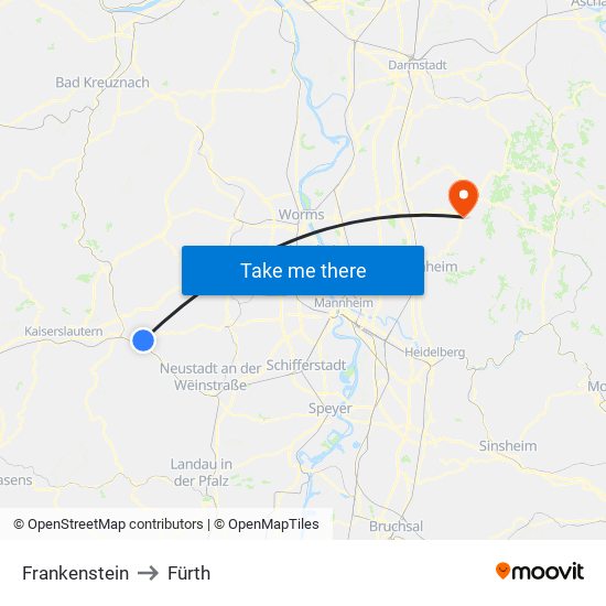 Frankenstein to Fürth map