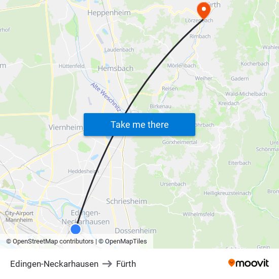 Edingen-Neckarhausen to Fürth map