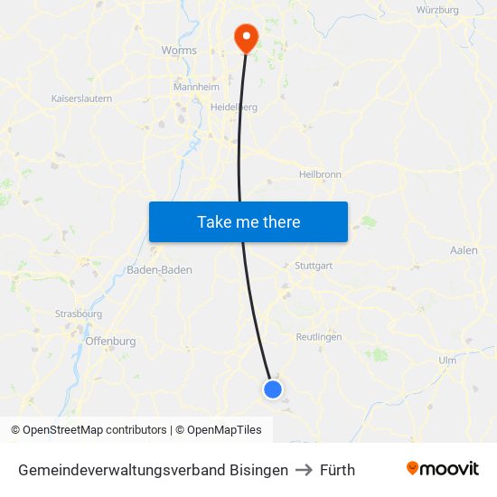 Gemeindeverwaltungsverband Bisingen to Fürth map