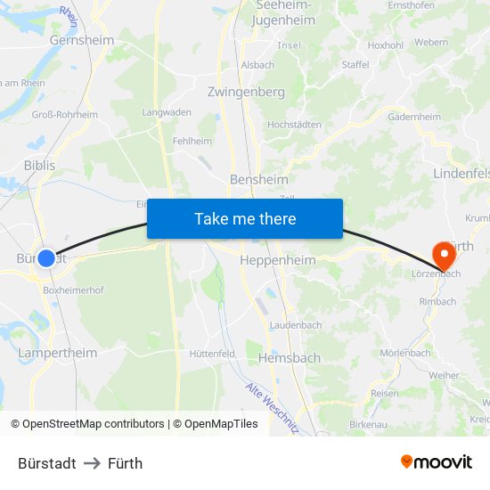 Bürstadt to Fürth map