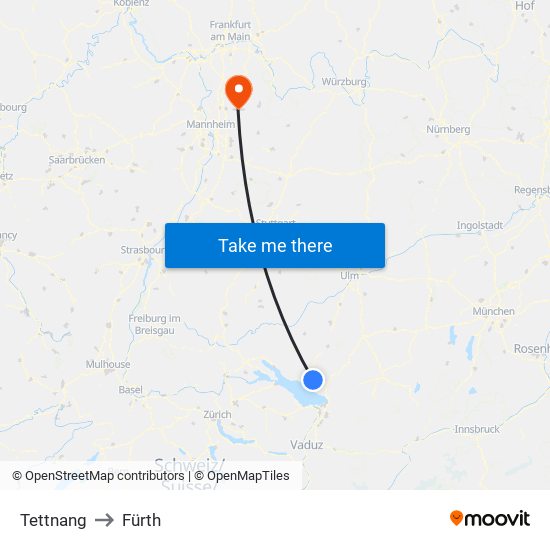 Tettnang to Fürth map