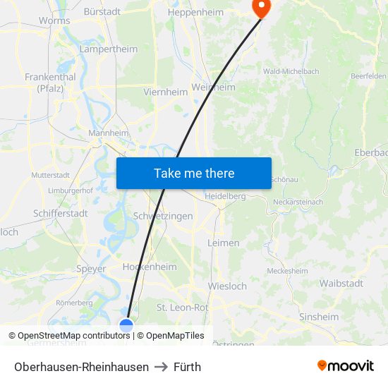 Oberhausen-Rheinhausen to Fürth map