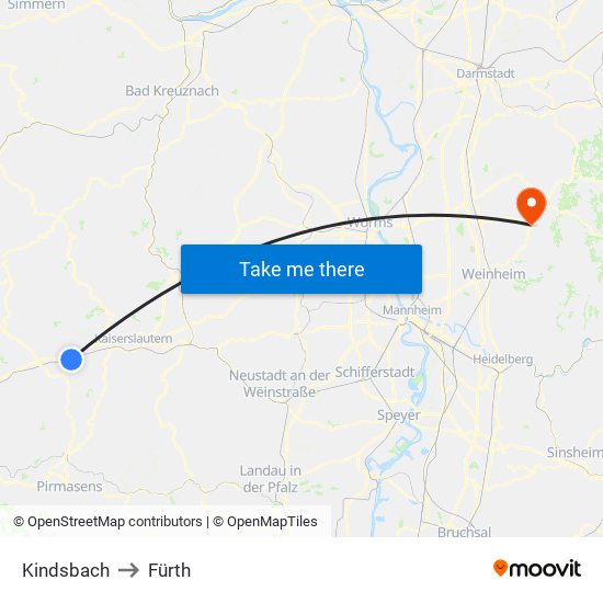 Kindsbach to Fürth map