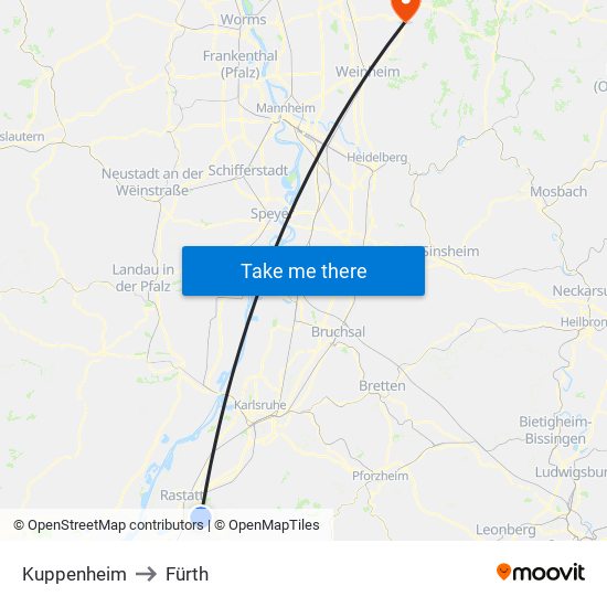 Kuppenheim to Fürth map