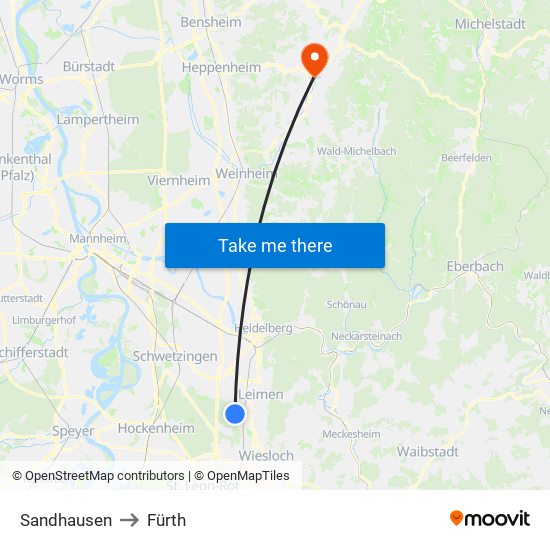 Sandhausen to Fürth map