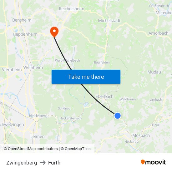 Zwingenberg to Fürth map