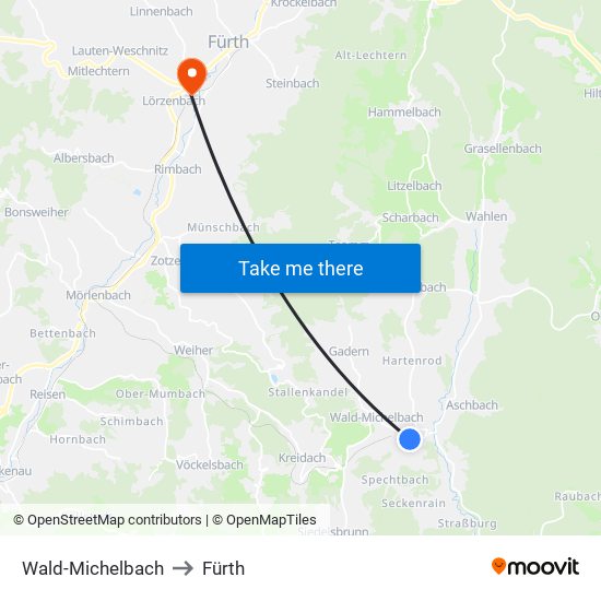 Wald-Michelbach to Fürth map