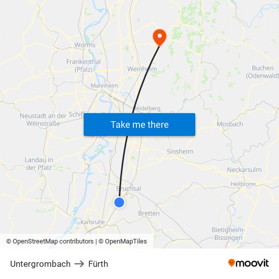 Untergrombach to Fürth map